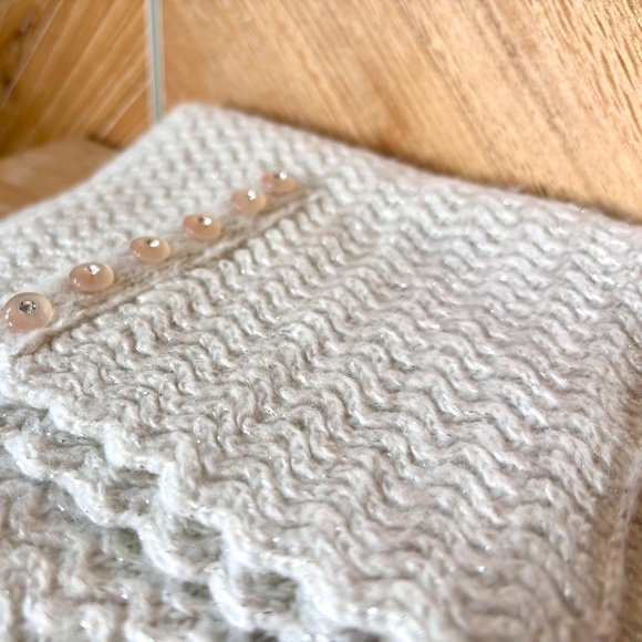 White Scarf with Silver Threaded Accent Scalloped Edges and Rhinestone Buttons - Picture 3 of 9